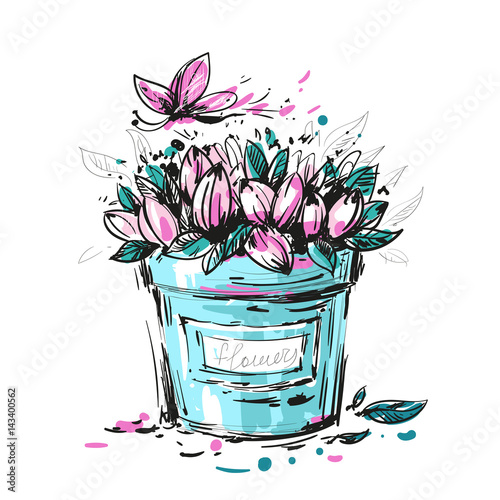 A bouquet of pink flowers with butterfly