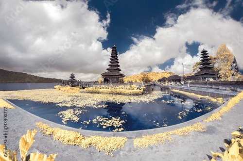 Pura Ulun Danu Bratan. Famous temple on the lake  Bedugul  Bali  Indonesia. View in infrared photography  soft focusing.