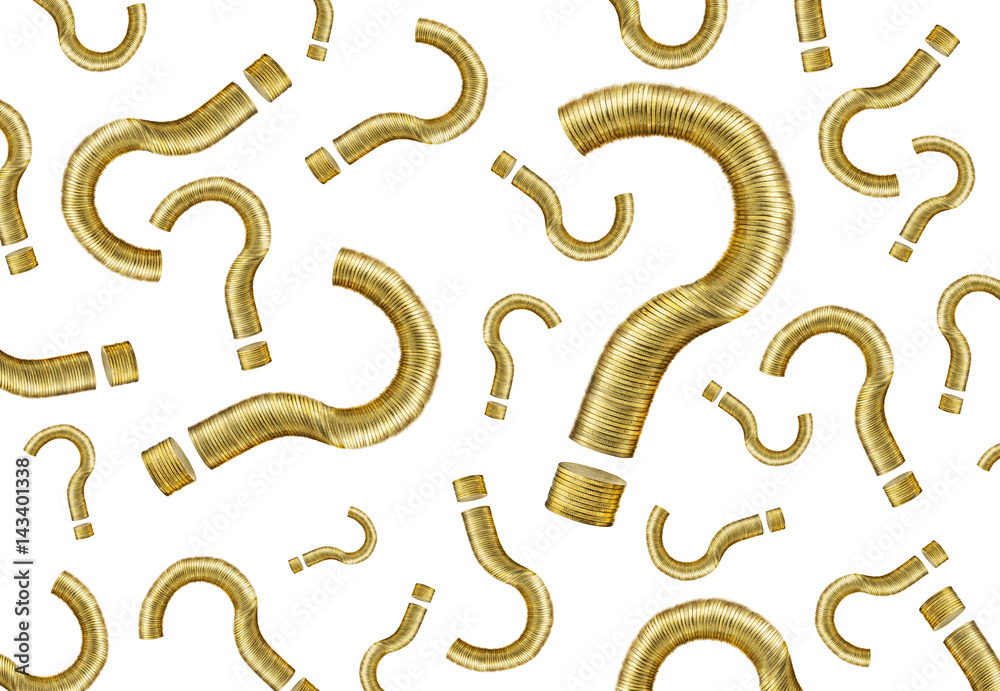 A lot of question mark made of gold money coins on white background.For business and financial concept A lot of question mark made of gold money coins on white background.For business and financial concept
