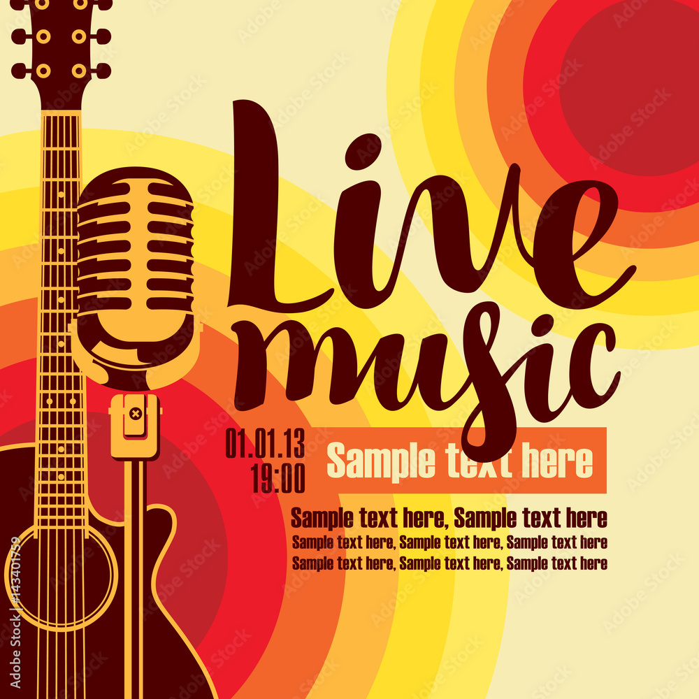 vector music poster for a concert live music with the image of a guitar and  microphone on the colored background Stock Vector | Adobe Stock