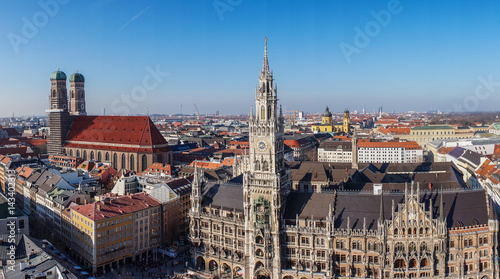 Panorama view of Munich city center showing the City Hall and the Frauenkirche
