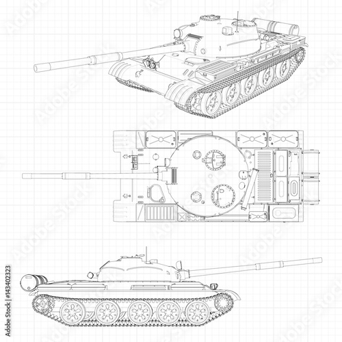 Tank vector illustration EPS 10. Military machine in the contour lines on graph paper. The contours of the black line on the white background.