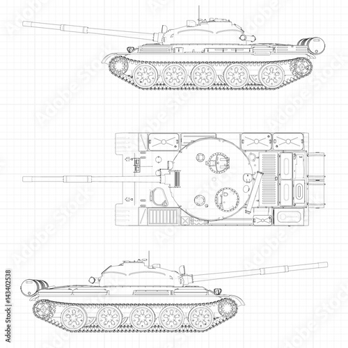 Tank vector illustration EPS 10. Military machine in the contour lines on graph paper. The contours of the black line on the white background.