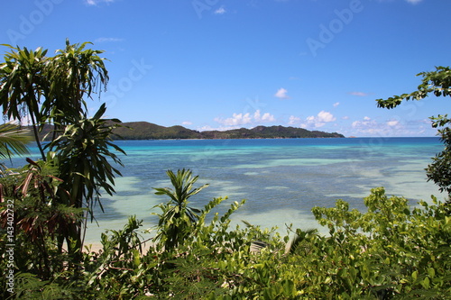 Anse Takamaka  Praslin Island  Seychelles  Indian Ocean  Africa   View to Curieuse Island.