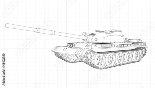 Tank vector illustration EPS 10. Military machine in the contour lines on graph paper. The contours of the black line on the white background.