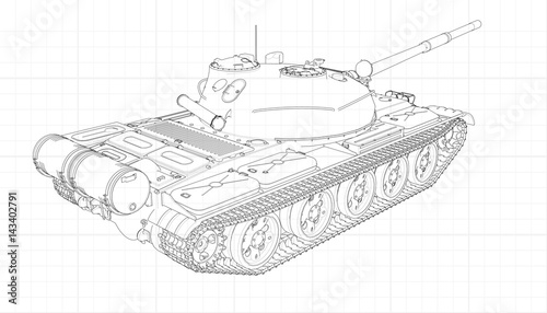 Tank vector illustration EPS 10. Military machine in the contour lines on graph paper. The contours of the black line on the white background.