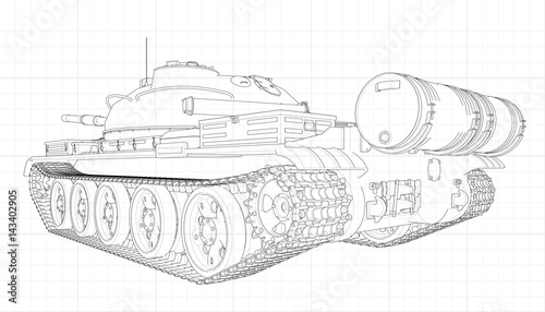 Tank vector illustration EPS 10. Military machine in the contour lines on graph paper. The contours of the black line on the white background.