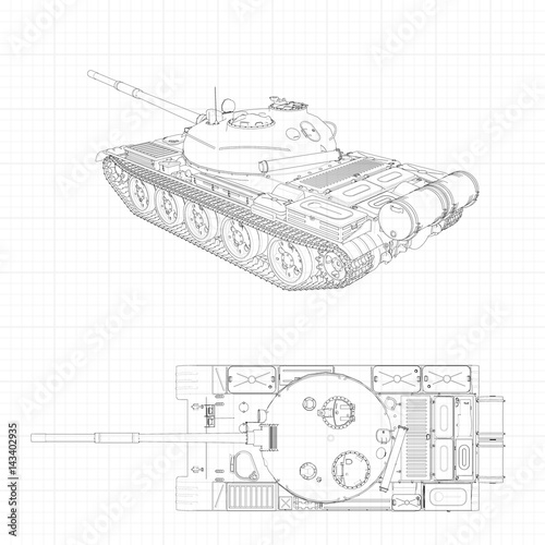 Tank vector illustration EPS 10. Military machine in the contour lines on graph paper. The contours of the black line on the white background.