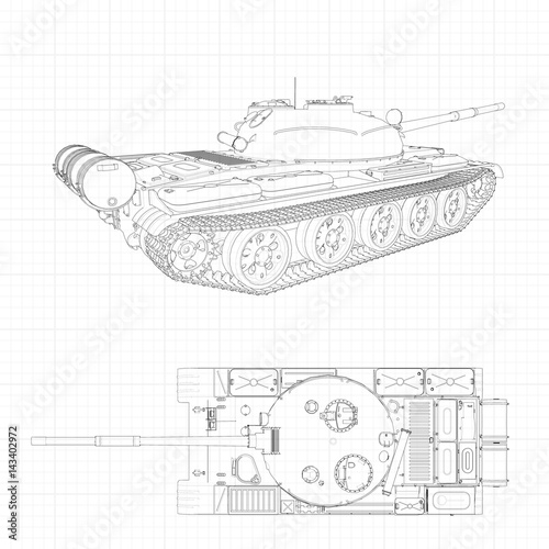 Tank vector illustration EPS 10. Military machine in the contour lines on graph paper. The contours of the black line on the white background.