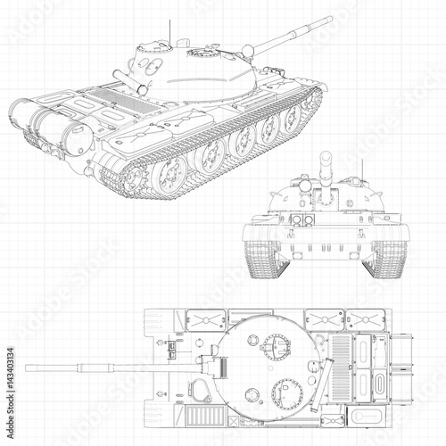 Tank vector illustration EPS 10. Military machine in the contour lines on graph paper. The contours of the black line on the white background.