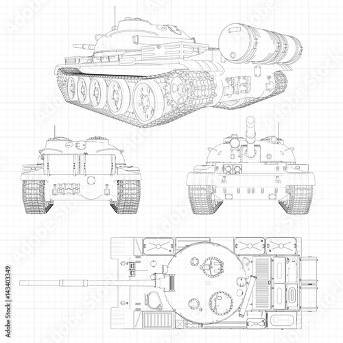 Tank vector illustration EPS 10. Military machine in the contour lines on graph paper. The contours of the black line on the white background.