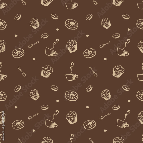 Vector seamles pattern with hand drawn coffee and confectionery.