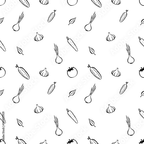 Seamless pattern background with vegetables and fruits. Black and white.