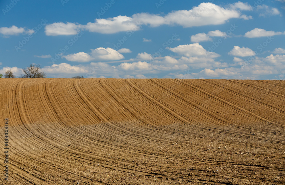 spring plowed field curves in countryside