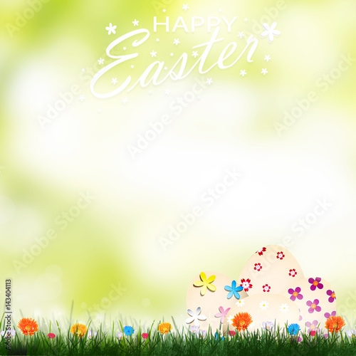 Colorful painted Easter eggs and spring flowers background.
