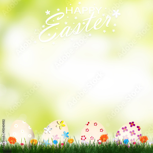 Colorful painted Easter eggs and spring flowers background.
