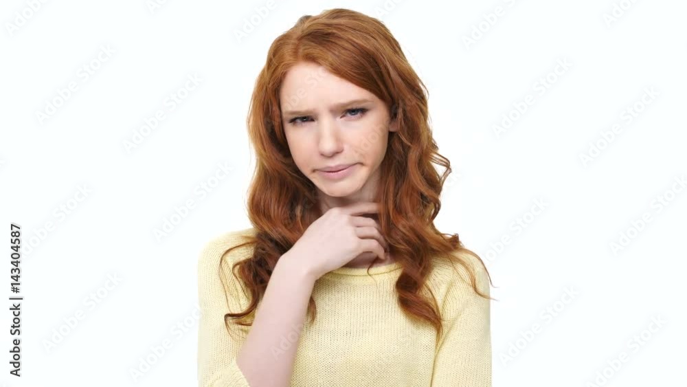 Young sick woman with red hair suffering from sore throat sickness isolated over white background Young sick woman with red hair suffering from sore throat sickness isolated over white background