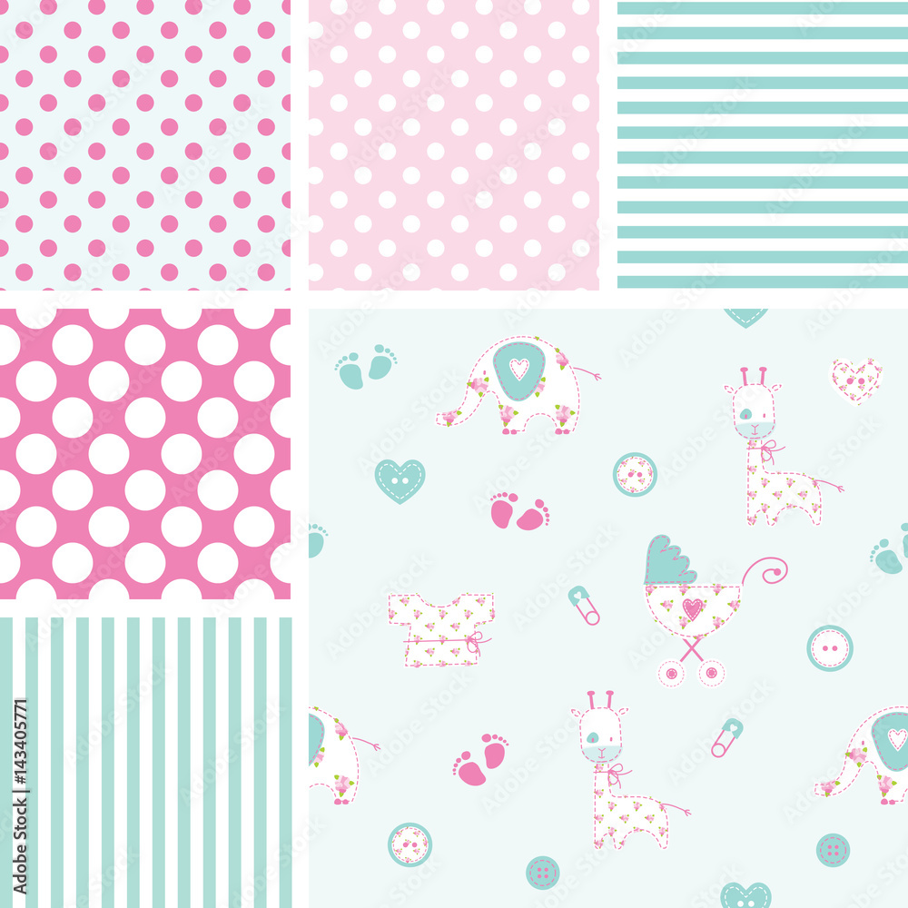 Set of baby shower patterns. Semless patterns. Set of baby shower patterns. Semless patterns.
