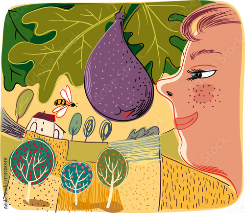 In an orchard a boy sniffs a ripe fig,