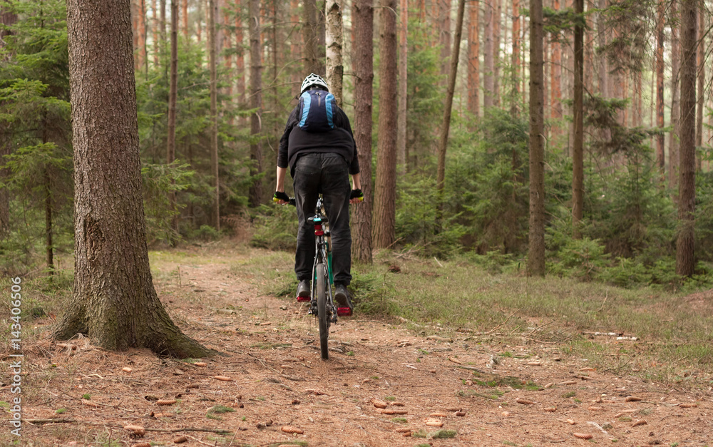 Young man riding a mountain bike through the woods. Young man riding a mountain bike through the woods.