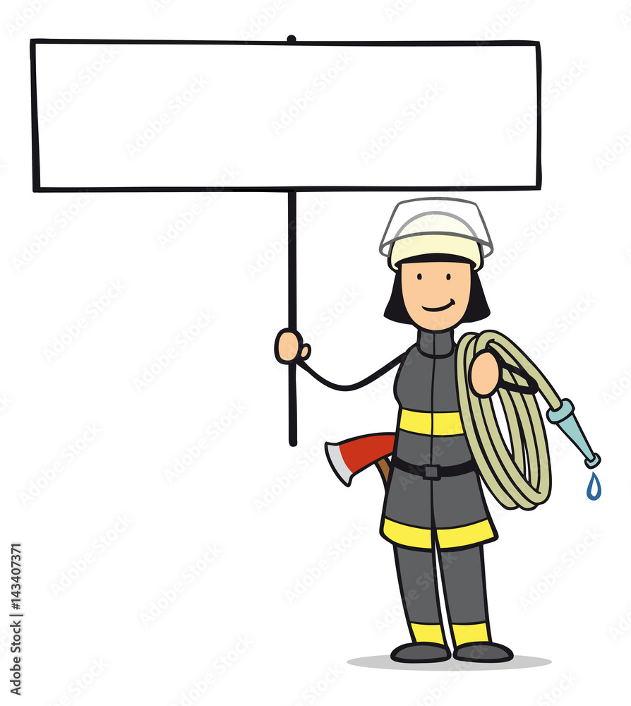 Cartoon Frau von Feuerwehr mit Schild Cartoon Frau von Feuerwehr mit Schild