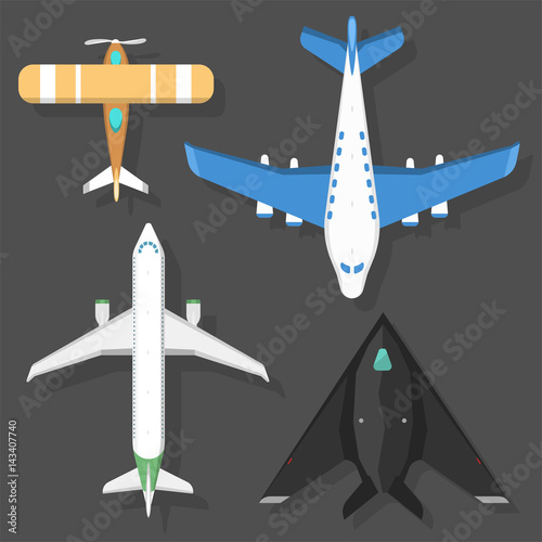 Vector airplane illustration top view and aircraft transportation travel way design journey object. photo