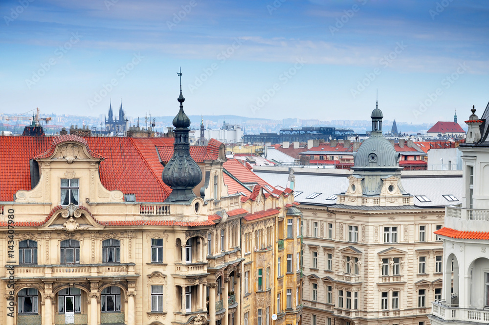 Panoramic view of Prague. Beautiful towers of the historic buildings in perspective. Czech Republic