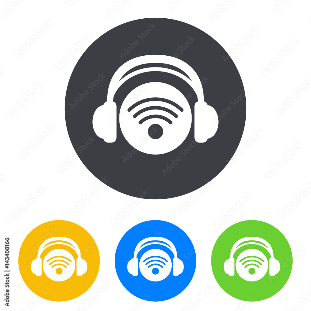 Icono plano auriculares con simbolo RSS en circulo varios colores Icono plano auriculares con simbolo RSS en circulo varios colores
