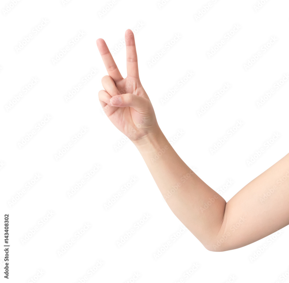 Young woman hand show V sign with white background Young woman hand show V sign with white background