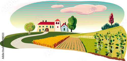 cultivated agricultural landscape with a farm