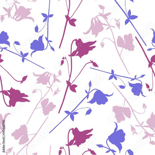 Aquilegia flower hand drawn vector illustration, seamless floral pattern, doodle sketch isolated on white background decorative silhouette for design greeting card, wedding invite, cosmetic, wallpaper