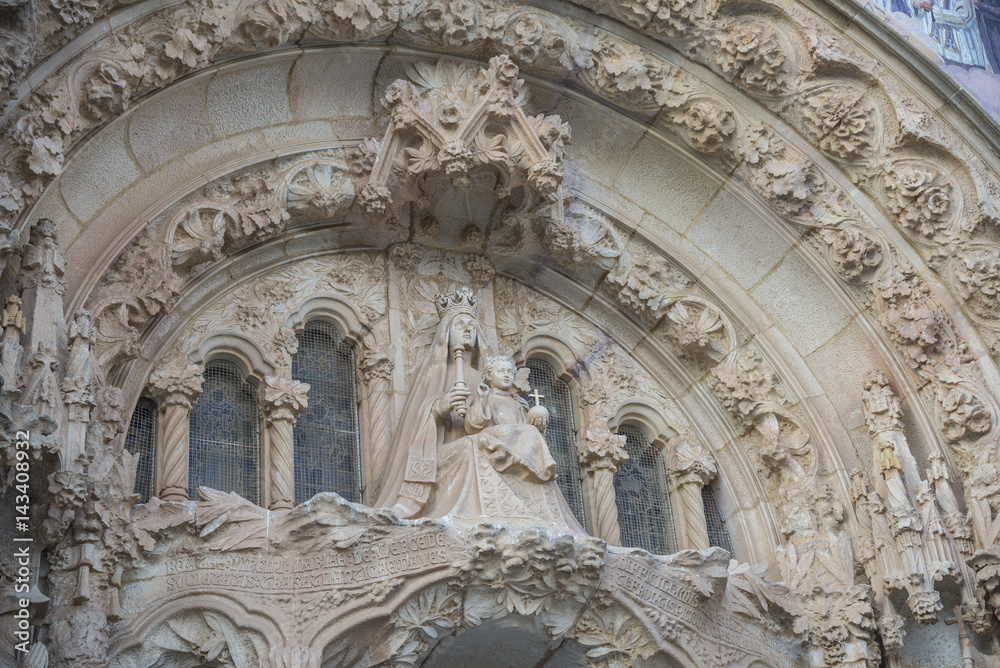 Building facade details. Church of the Sacred heart of Jesus in Barcelona, Spain