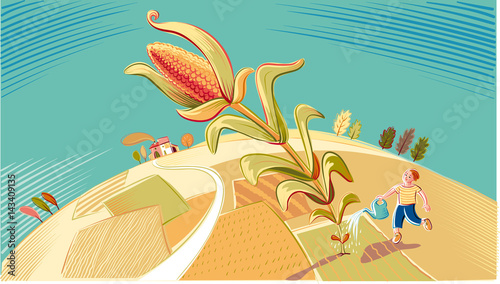 A boy is watering his gigantic corn plant