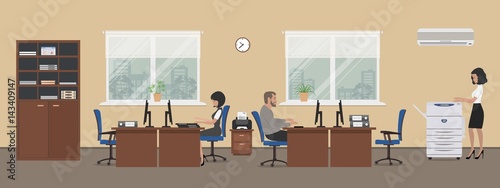 Office room in a beige color. The young women and man are employees at work. There is brown furniture, blue chairs, a copy machine on a window background in the picture. Vector flat illustration.
