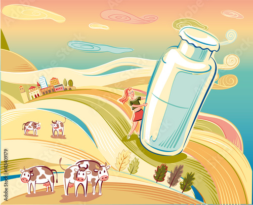 Landscape of hills with grazing cows and milk bottle.