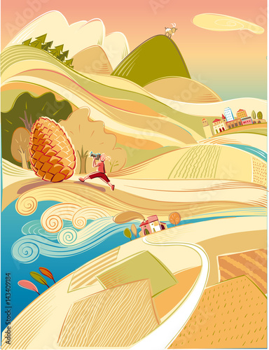 Fairy tale landscape with cultivated fields and boy