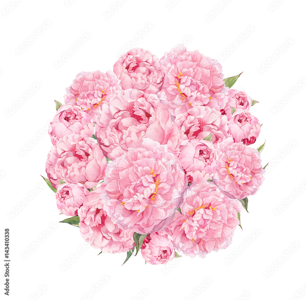 Flowers pattern with peonies. Round bouquet of pink flowers. Floral watercolor
