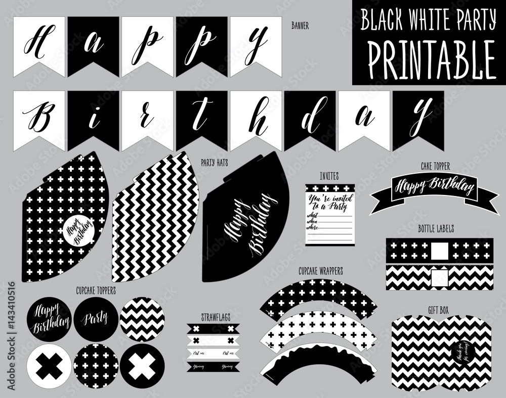 Printable set. Black and white party Stock Vector | Adobe Stock