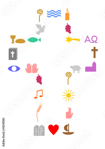 Kreuz mit bunten christlichen Symbolen 