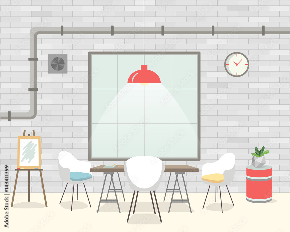 Loft room interior with barrel, chairs, table, lamp, easel, window. The dining room and living room Loft room interior with barrel, chairs, table, lamp, easel, window. The dining room and living room