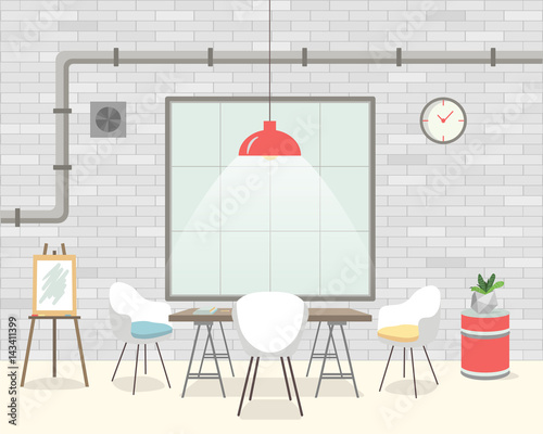 Loft room interior with barrel, chairs, table, lamp, easel, window. The dining room and living room