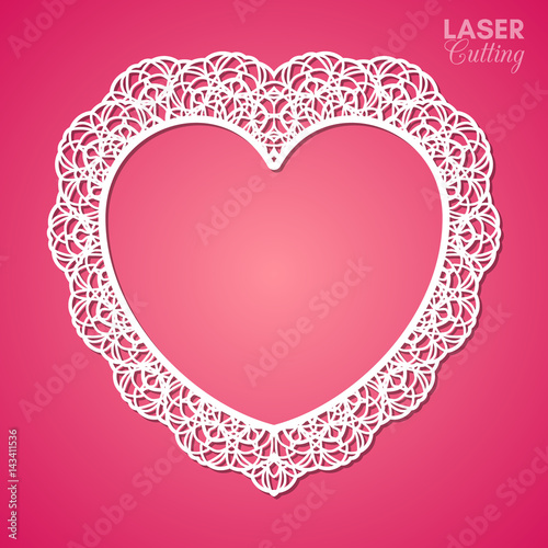 Laser cut vector frame in the shape of a heart with lace border, vector ornament, vintage frame. May be used for laser cutting. Photo frame for paper cutting. Paper doily.