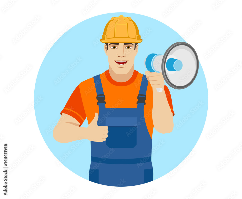 Builder with loudspeaker showing thumb up Builder with loudspeaker showing thumb up