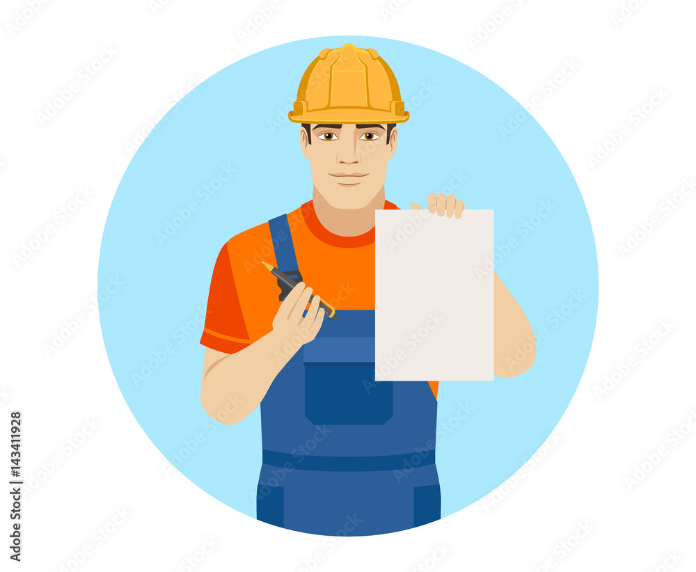 Builder giving pen for your signature on paper Builder giving pen for your signature on paper
