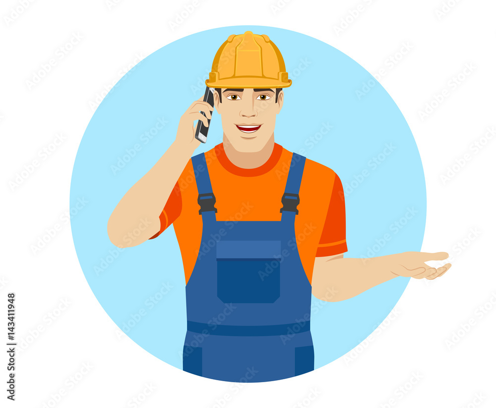 Builder talking on the mobile phone and gesturing Builder talking on the mobile phone and gesturing