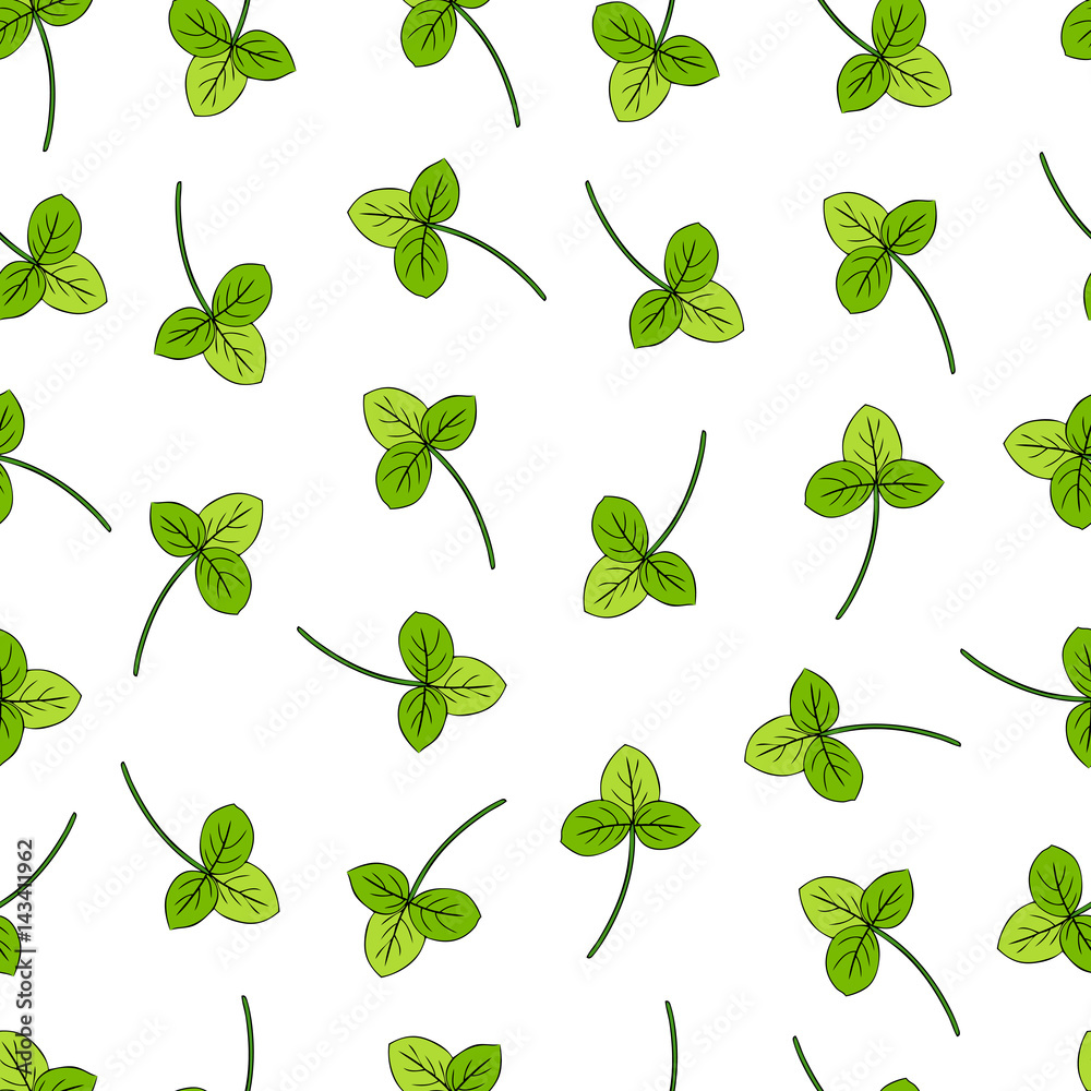 Clover, shamrock wild field flower hand drawn vector sketch isolated on white backdrop, Vector seamless pattern, graphic floral texture background for cosmetic, design package tea, textile, wallpaper