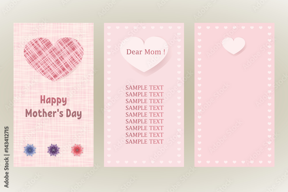 Happy Mothers Day greeting card. Three different vector patterns. Postcard in pastel pink colors with a heart made of cloth.
