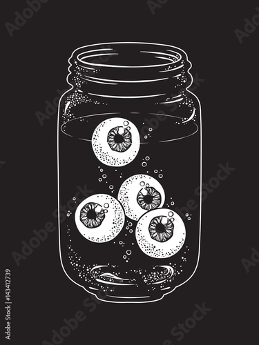 Human eyeballs in glass jar isolated. Sticker, print or blackwork tattoo hand drawn vector illustration