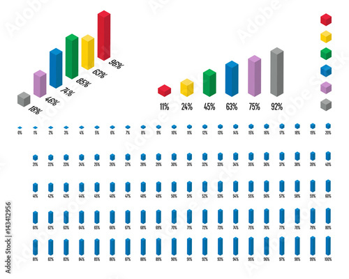 Set of 3D isometric rectangle percentage bar chart from 1 to 100 ready-to-use for web design, user interface (UI) or infographic - red, yellow, green, blue, purple and gray