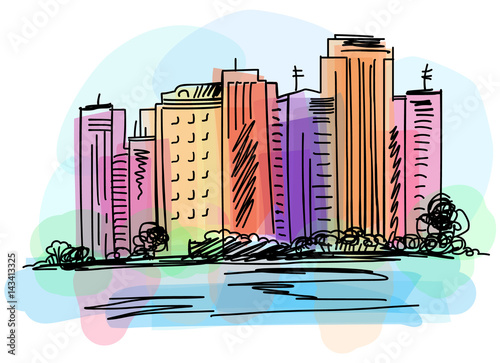 Cityscape view on embankment. Hand drawn digital vector watercolor and markers illustration.